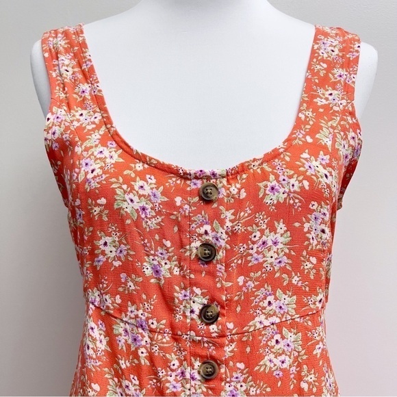 American Eagle Orange Ditsy Floral Scoop Neck Tie Waist Casual Mini Dress - Picture 2 of 9